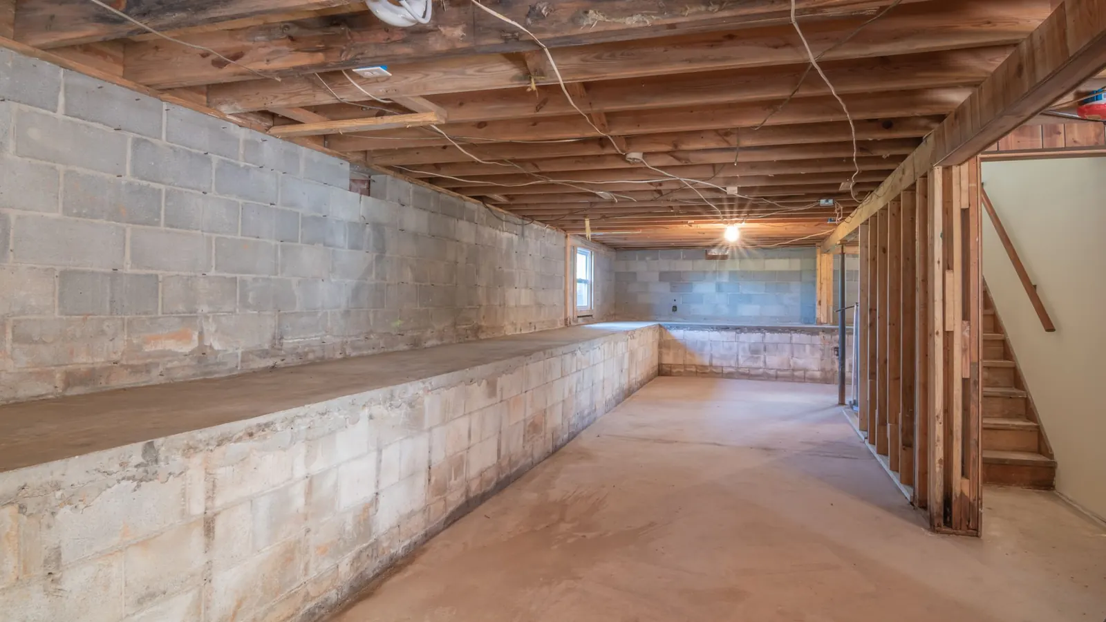 Bare concrete floor slab in an unfinished basement with concrete block foundation walls and exposed floor joists overhead
