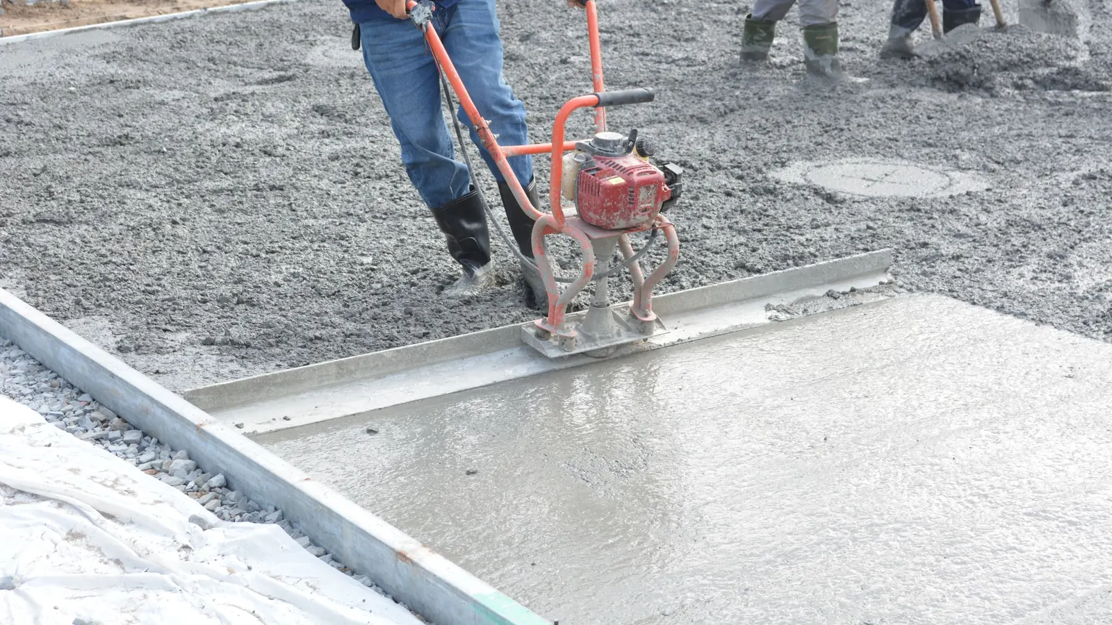 Worker running a gasoline vibrating power screed across freshly placed wet concrete between steel edge forms, with the crew spreading concrete behind